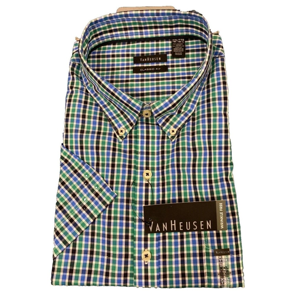 NWT Van Heusen Oxford Shirt~Mens 2XL 18-18.5~Blue/Green~Short Sleeve Button-Down